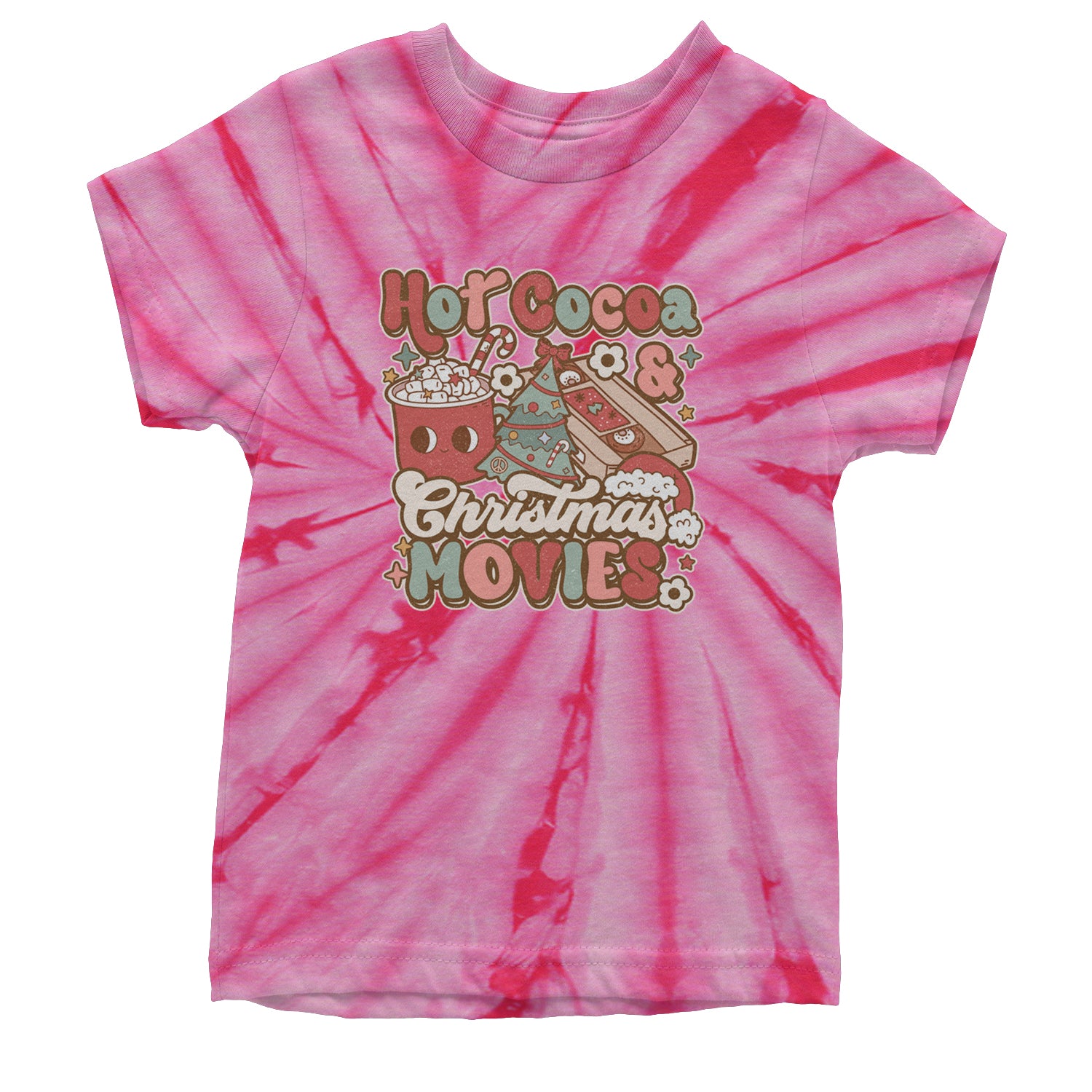 Hot Cocoa And Christmas Movies Holiday Youth T-shirt Tie-Dye Spider Pink