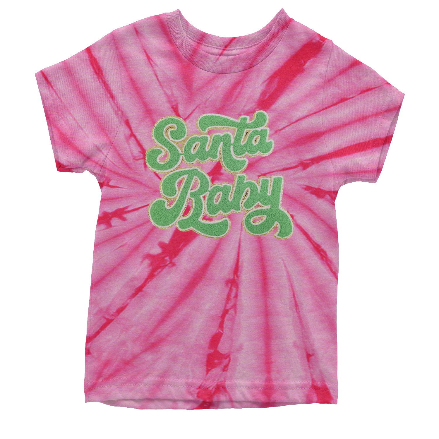 Green Santa Baby Chenille Patch Youth T-shirt Tie-Dye Spider Pink