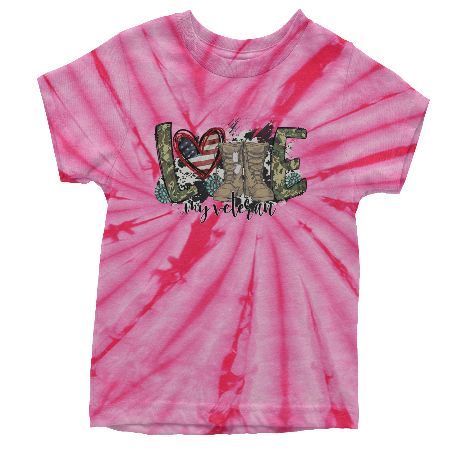 Love My Veteran Honor Veterans Day Youth T-shirt Tie-Dye Spider Pink