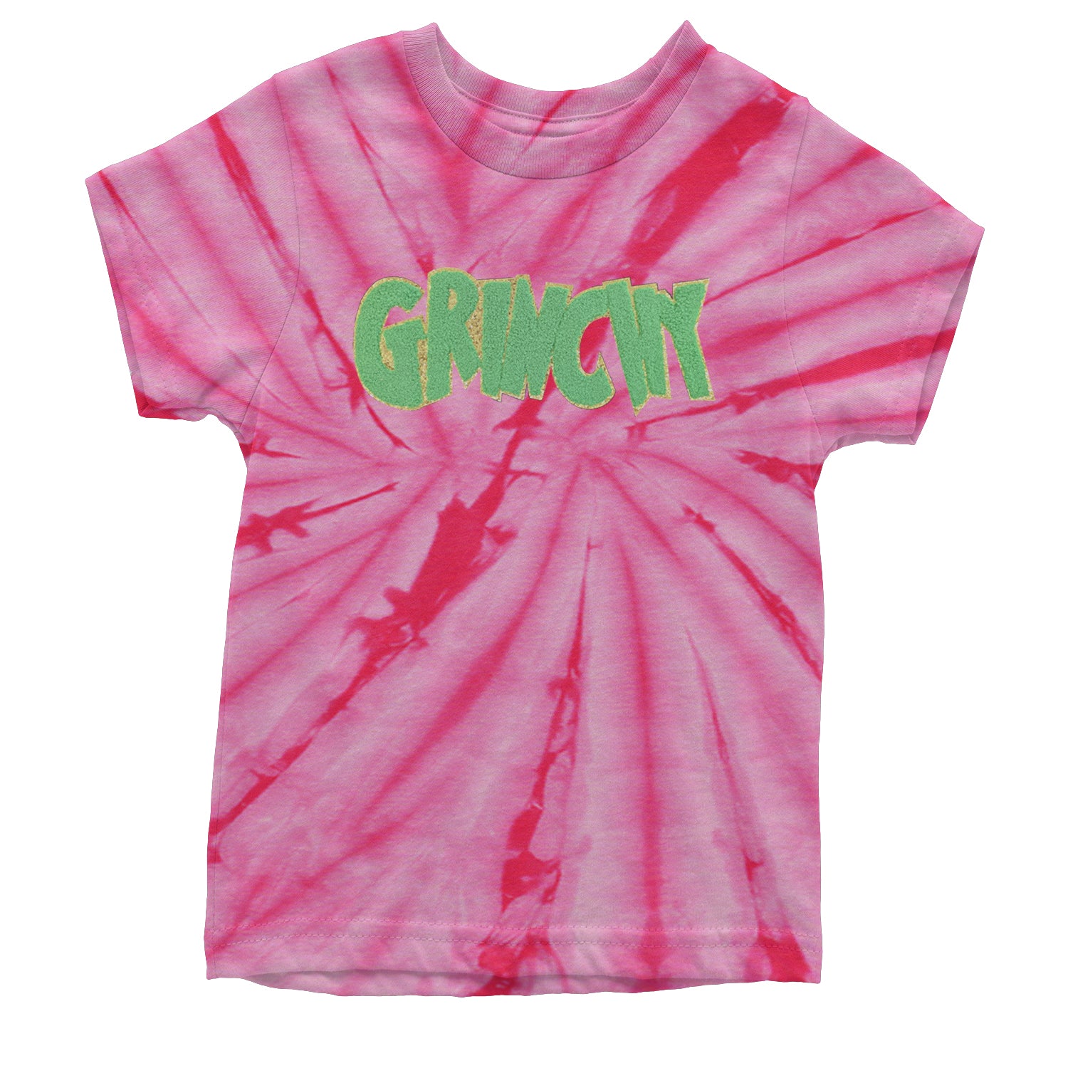 Green Gr-nchy Chenille Patch Youth T-shirt Tie-Dye Spider Pink