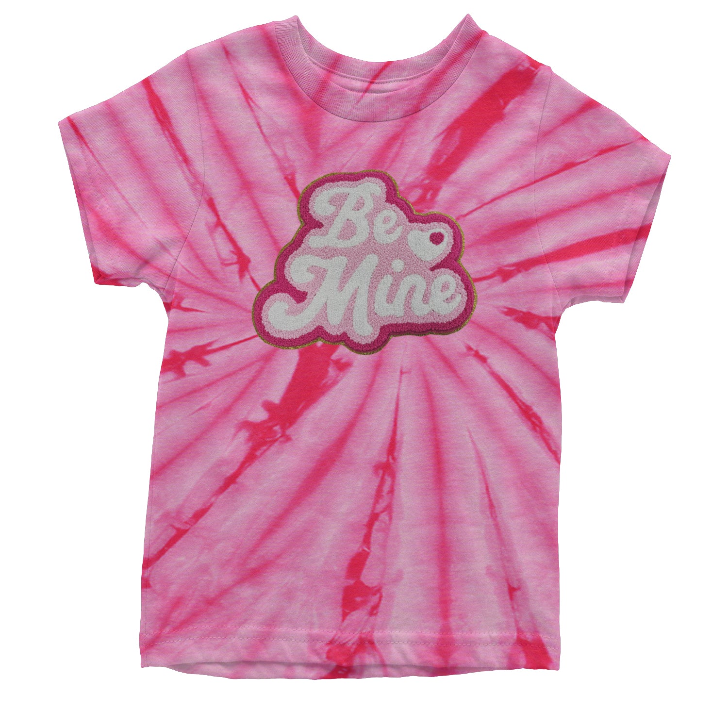 Be Mine Chenille Patch Valentines Days Youth T-shirt Tie-Dye Spider Pink