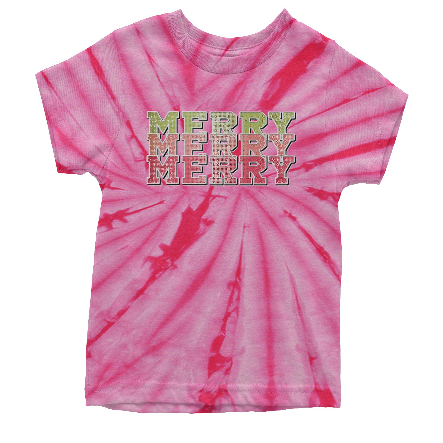 Merry Merry Merry Faux Sequins Youth T-shirt Tie-Dye Spider Pink