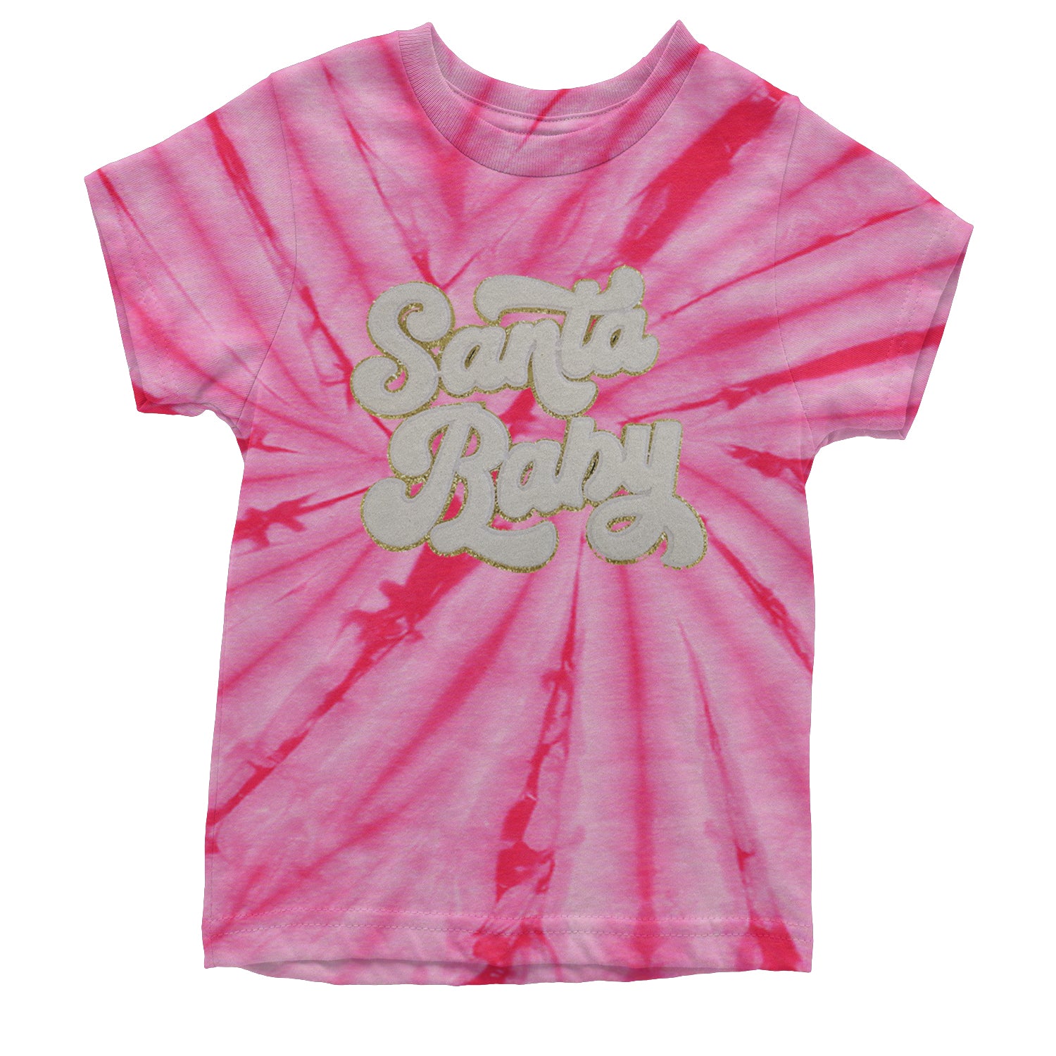 White Santa Baby Chenille Patch Youth T-shirt Tie-Dye Spider Pink