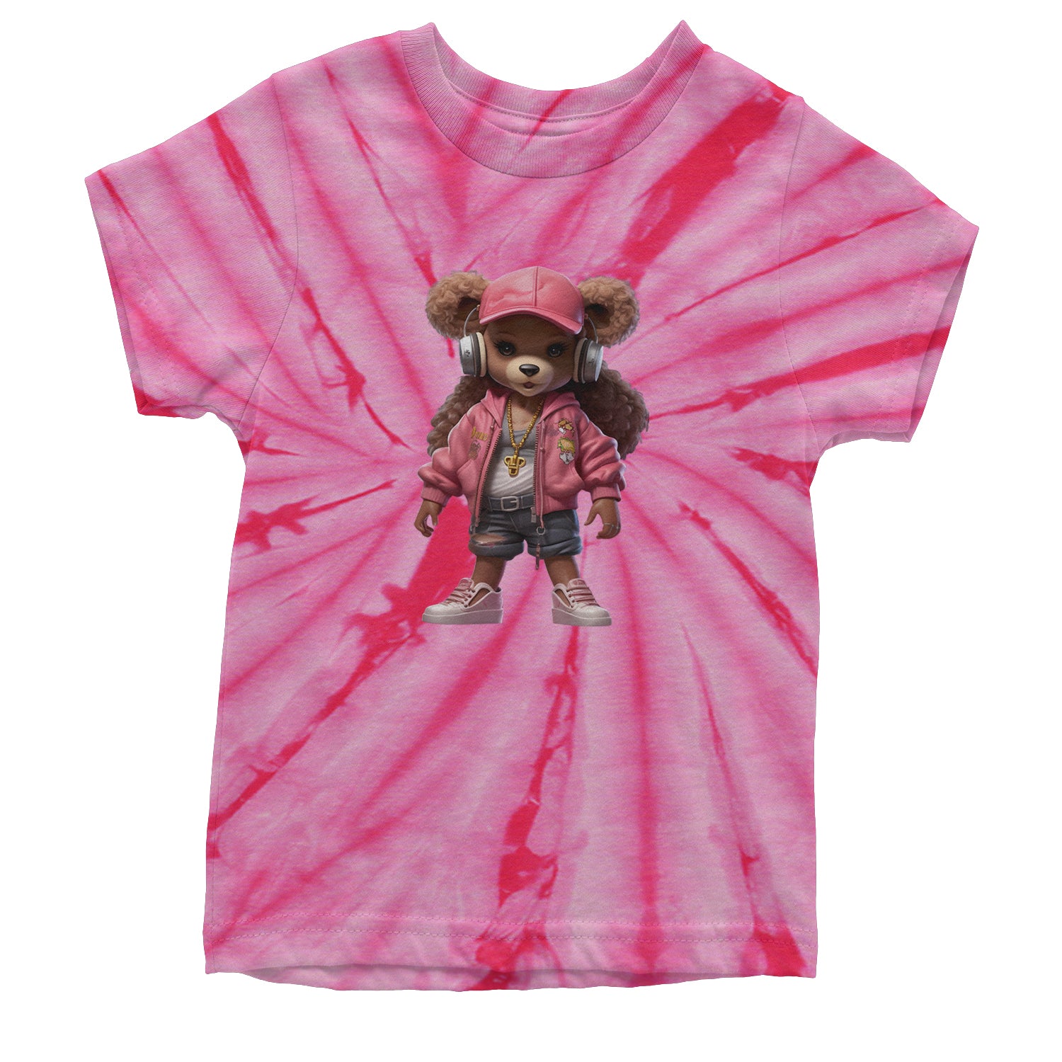 Pink Female Urban Graffiti Bear Youth T-shirt Tie-Dye Spider Pink