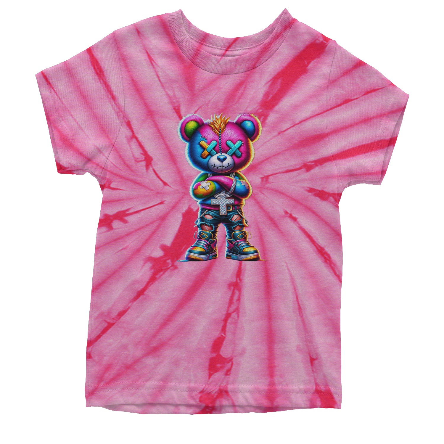 Stitched Neon Urban Graffiti Bear Youth T-shirt Tie-Dye Spider Pink