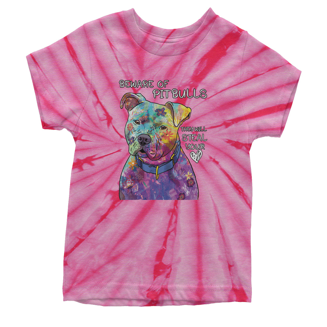 Beware Of Pit Bulls, They Will Steal Your Heart  Youth T-shirt Tie-Dye Spider Pink