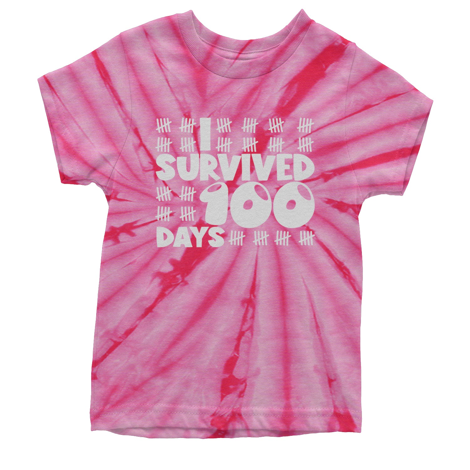 I Survived 100 Days Tally Marks Youth T-shirt Tie-Dye Spider Pink