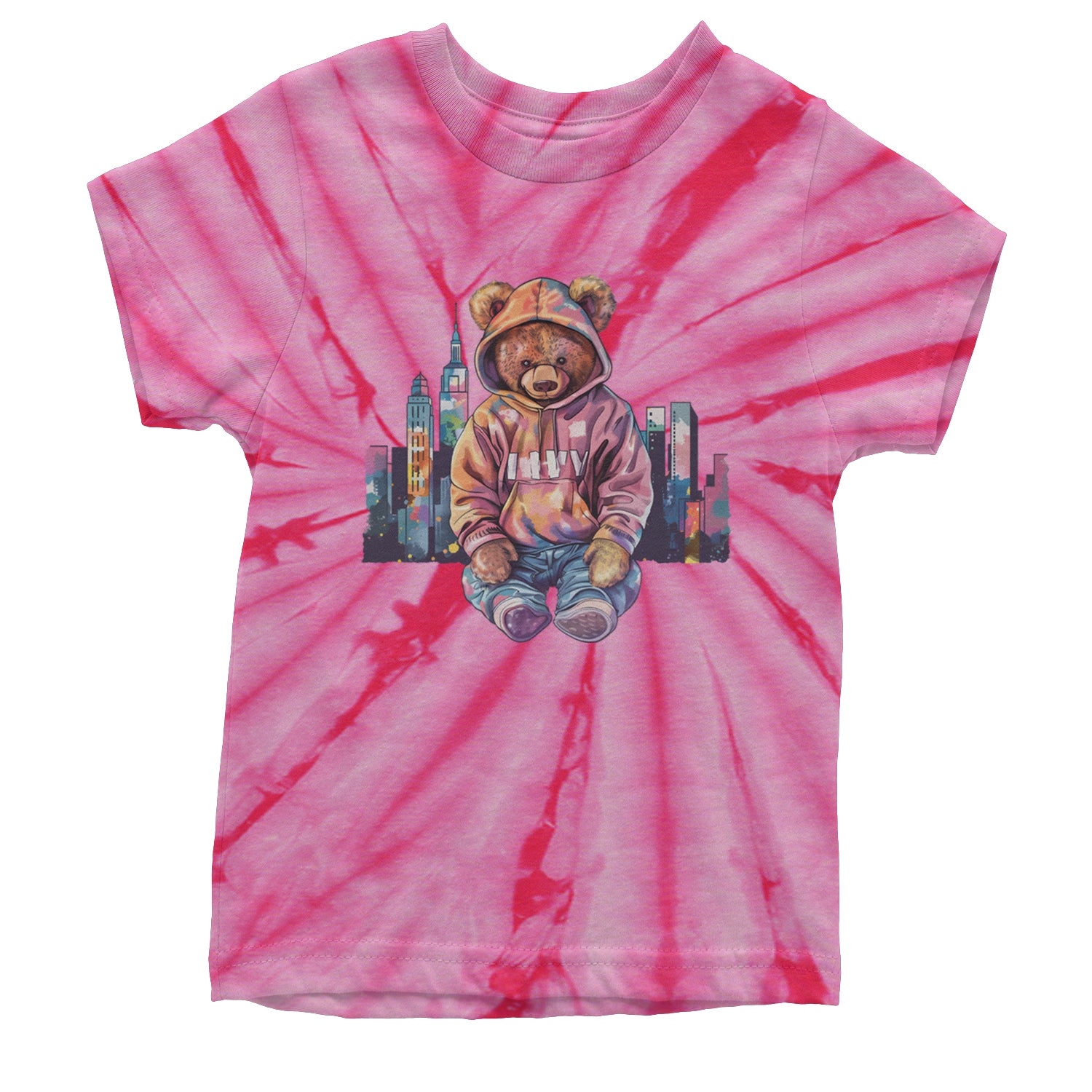 City Skyline Urban Graffiti Bear Youth T-shirt Tie-Dye Spider Pink