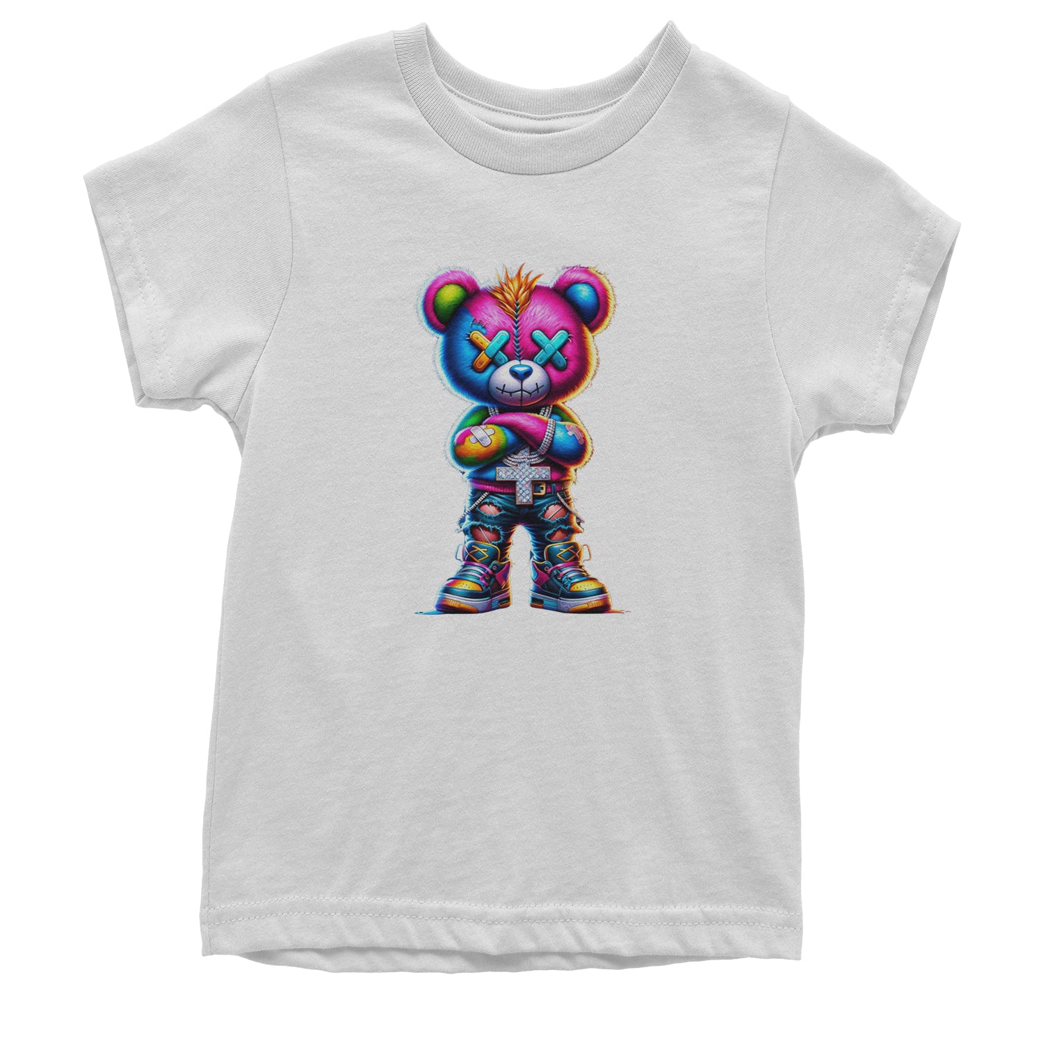 Stitched Neon Urban Graffiti Bear Youth T-shirt White