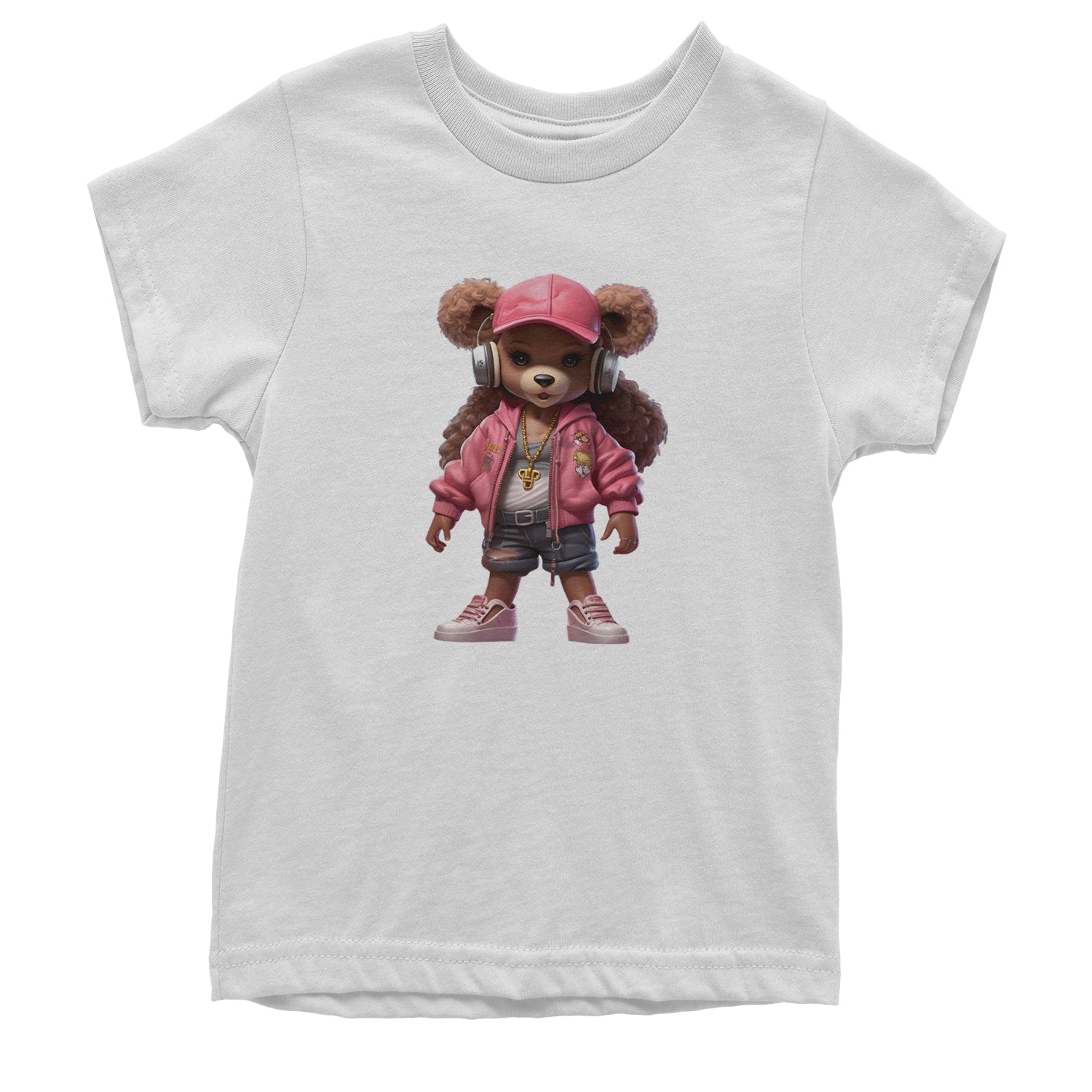 Pink Female Urban Graffiti Bear Youth T-shirt White