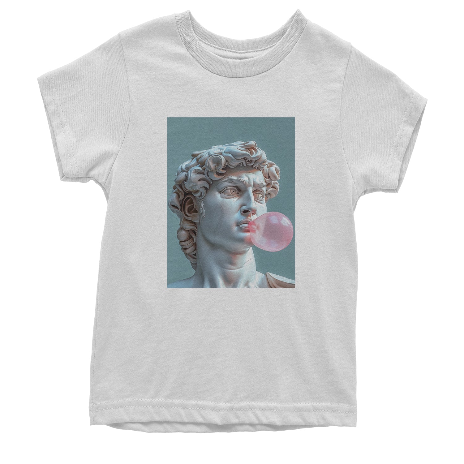 Michelangelo's David with Bubble Gum Contemporary Statue Art Youth T-shirt White