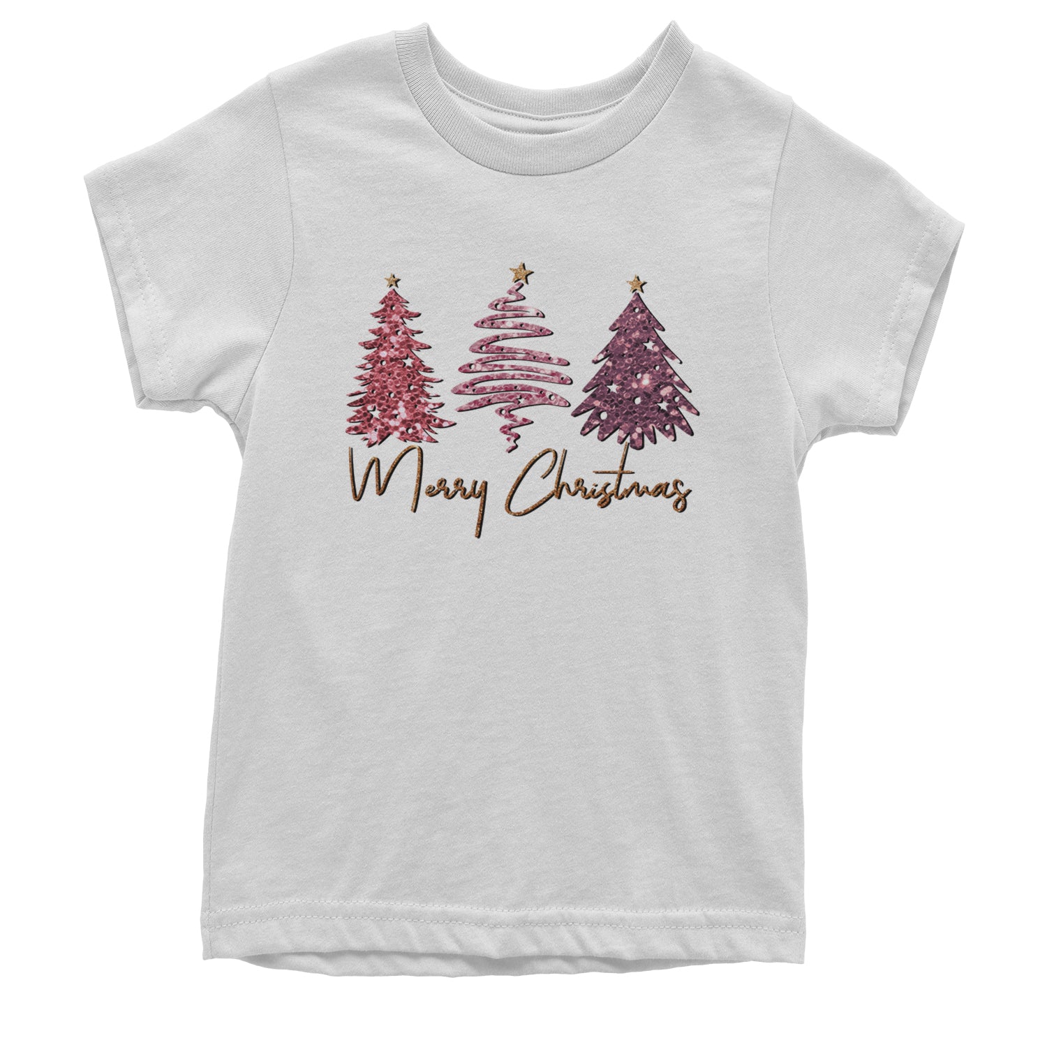 Merry Christmas Faux Glitter Trees Youth T-shirt White