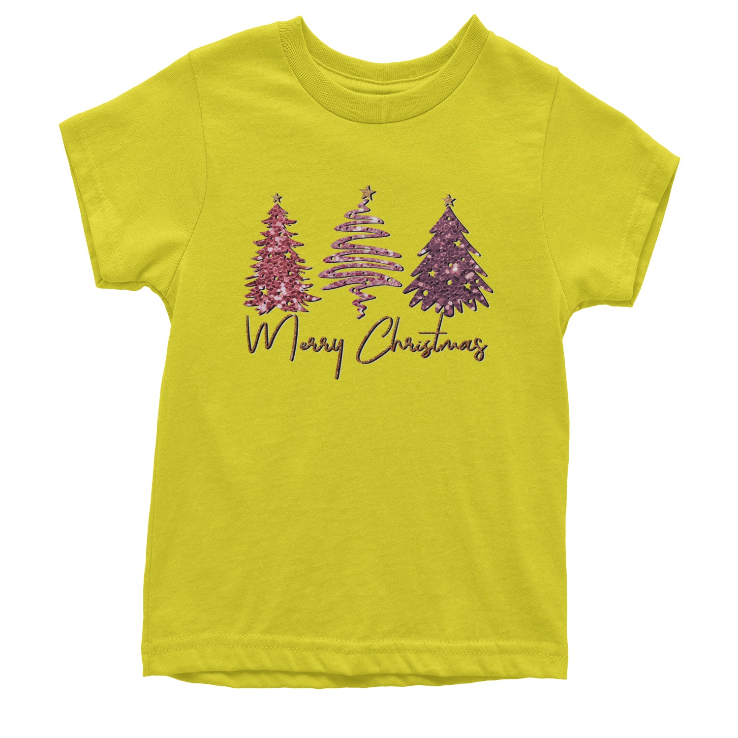 Merry Christmas Faux Glitter Trees Youth T-shirt Yellow