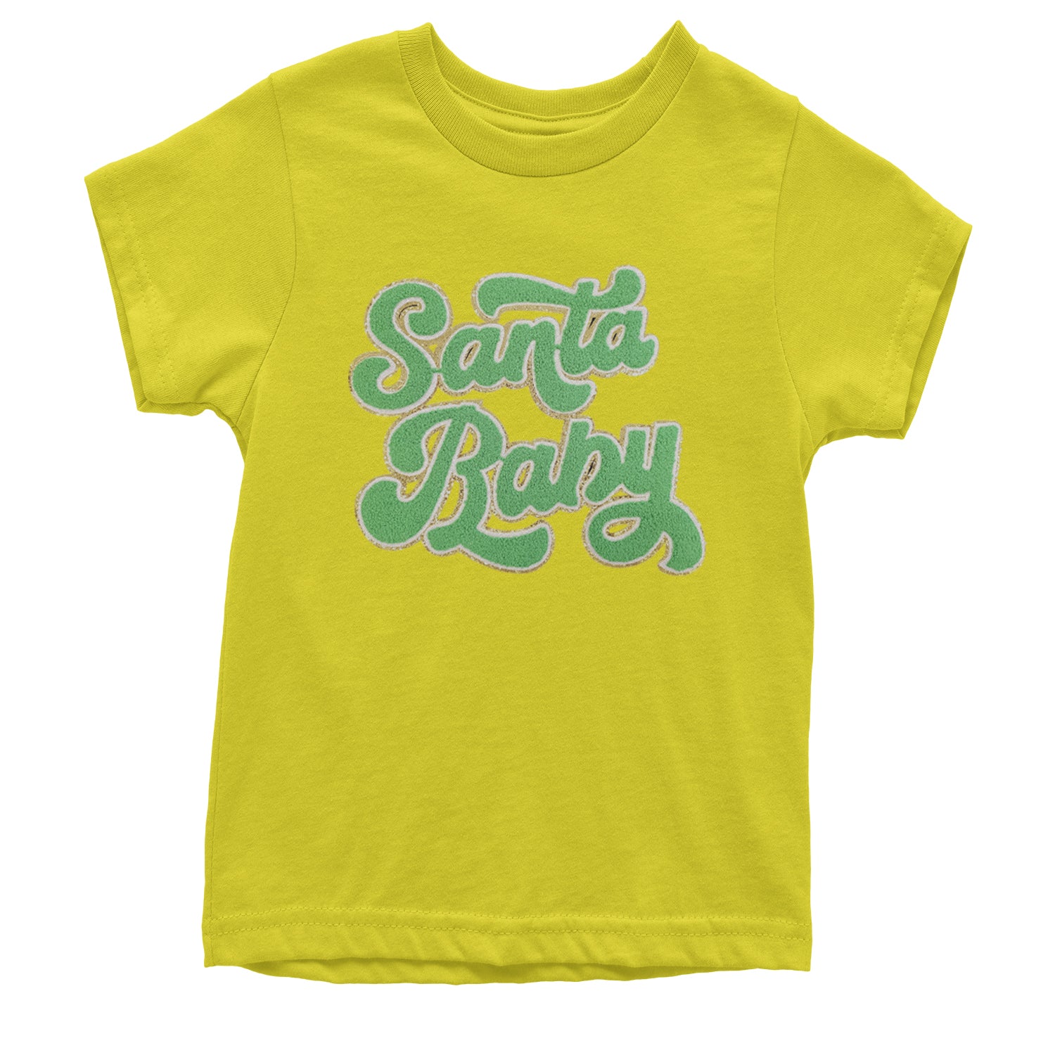 Green Santa Baby Chenille Patch Youth T-shirt Yellow