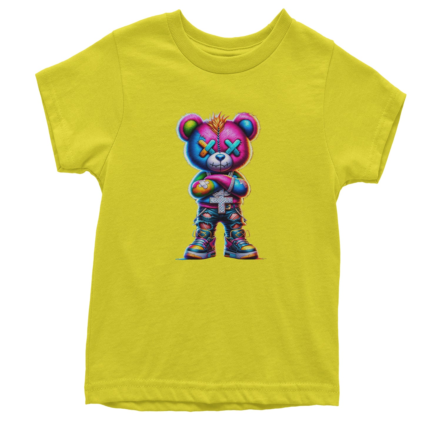 Stitched Neon Urban Graffiti Bear Youth T-shirt Yellow