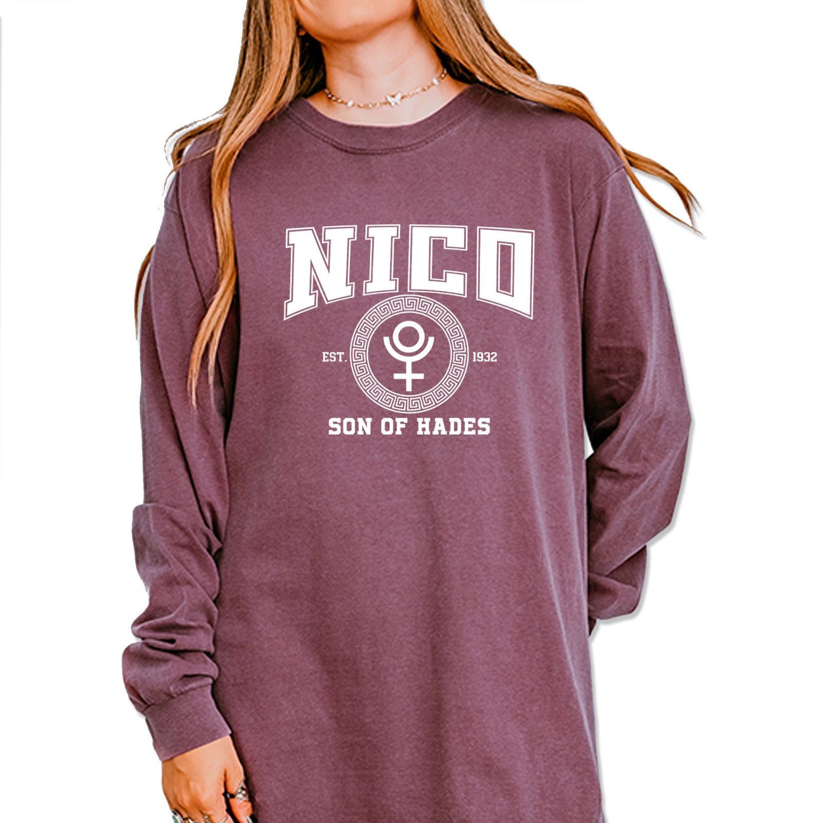 Nico Son of Hades Underworld Crest Vintage Soft Long-Sleeve T-shirt Pepper