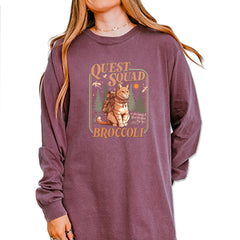 Quest Squad Broccoli Cat Fantasy Reader  Vintage Soft Long-Sleeve T-shirt Berry