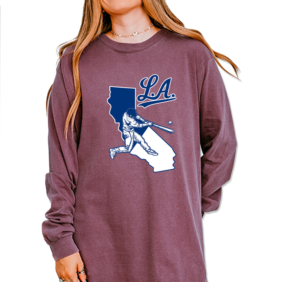 Los Angeles Baseball Batter Up Vintage Soft Long-Sleeve T-shirt Berry