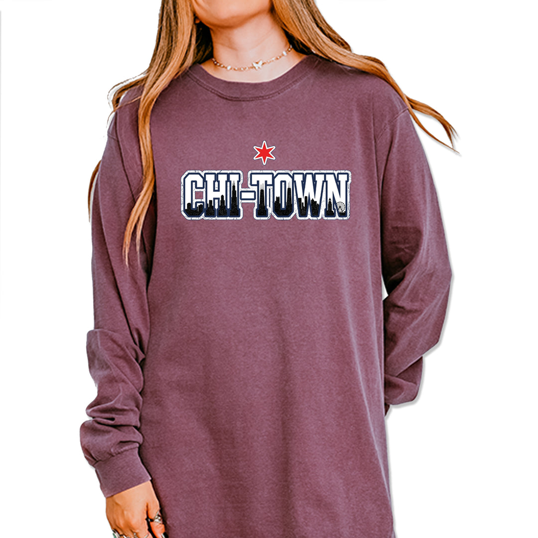 Chicago Chi-Town City Pride Vintage Soft Long-Sleeve T-shirt Berry