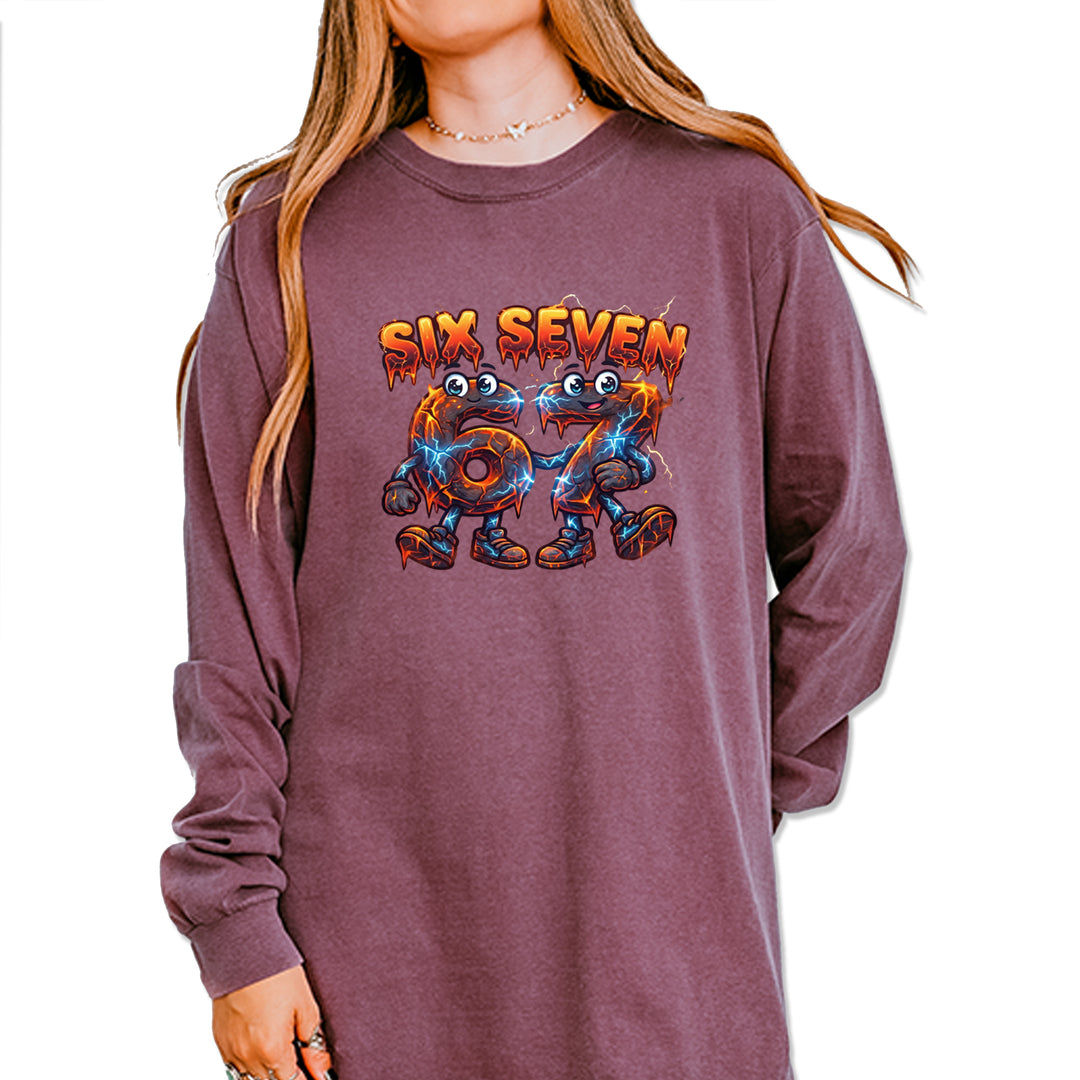 67 Lava Lightning Six Seven Meme Vintage Soft Long-Sleeve T-shirt Berry