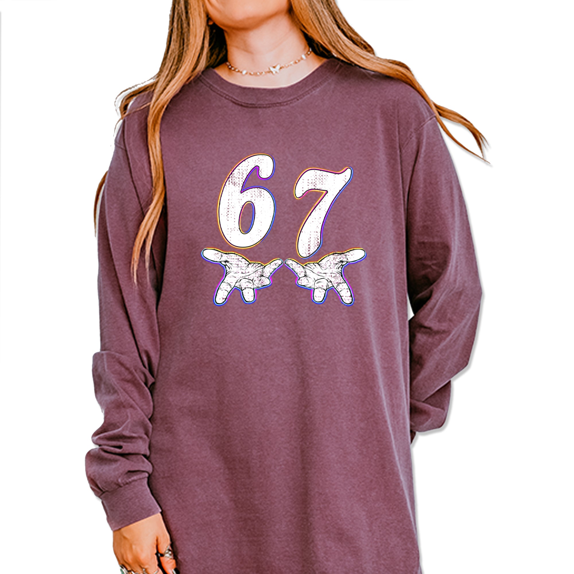 67 Hands Meme Viral Drill Vintage Soft Long-Sleeve T-shirt Pepper