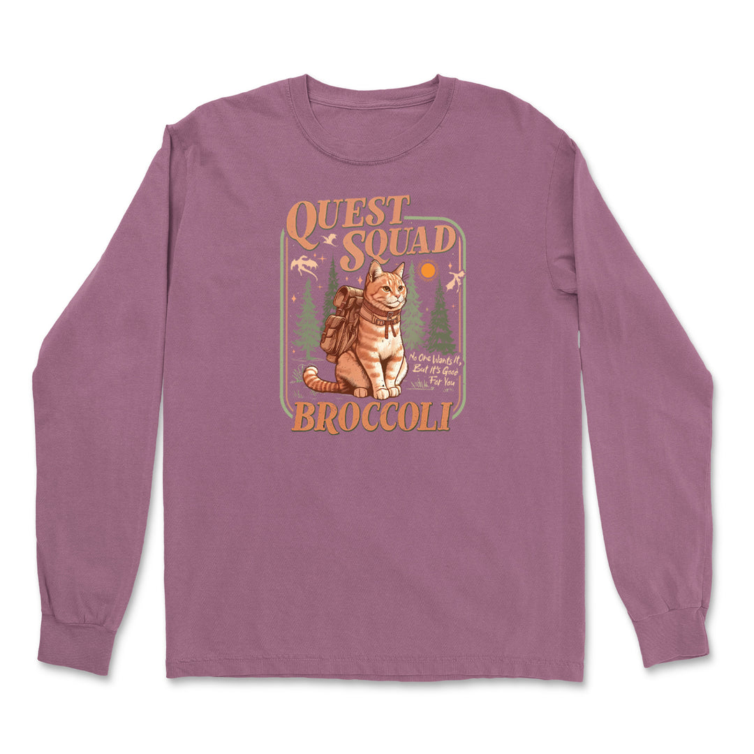 Quest Squad Broccoli Cat Fantasy Reader  Vintage Soft Long-Sleeve T-shirt 