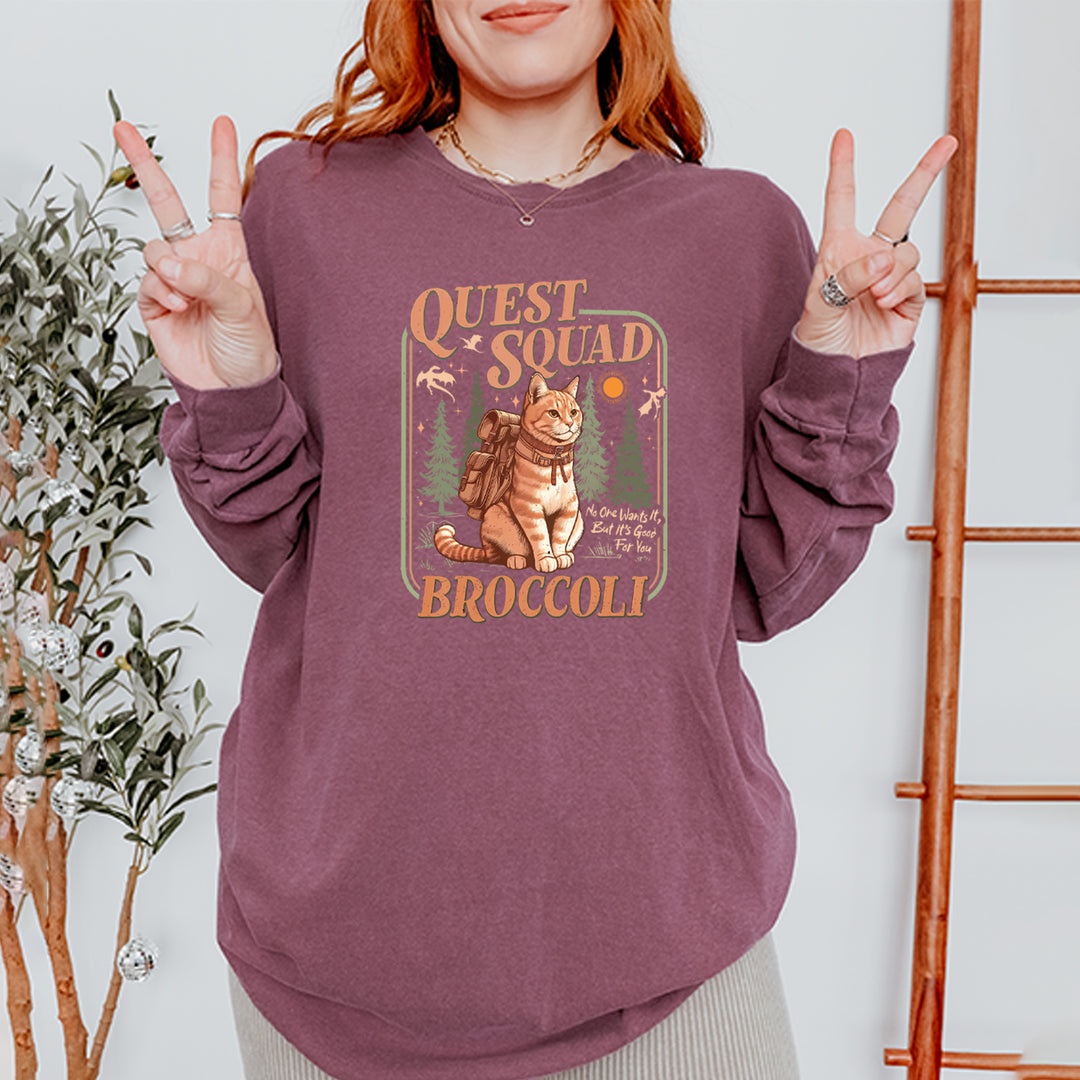 Quest Squad Broccoli Cat Fantasy Reader  Vintage Soft Long-Sleeve T-shirt 