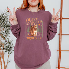 Quest Squad Broccoli Cat Fantasy Reader  Vintage Soft Long-Sleeve T-shirt 