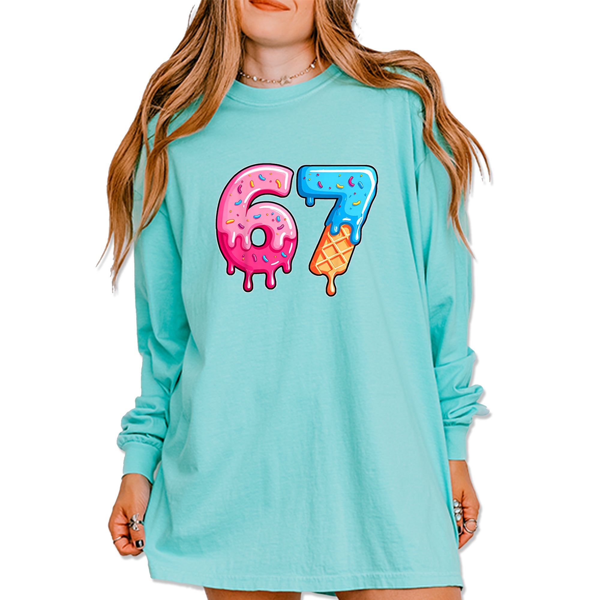 67 Dripping Ice Cream Donut Melt Vintage Soft Long-Sleeve T-shirt Chalky Mint