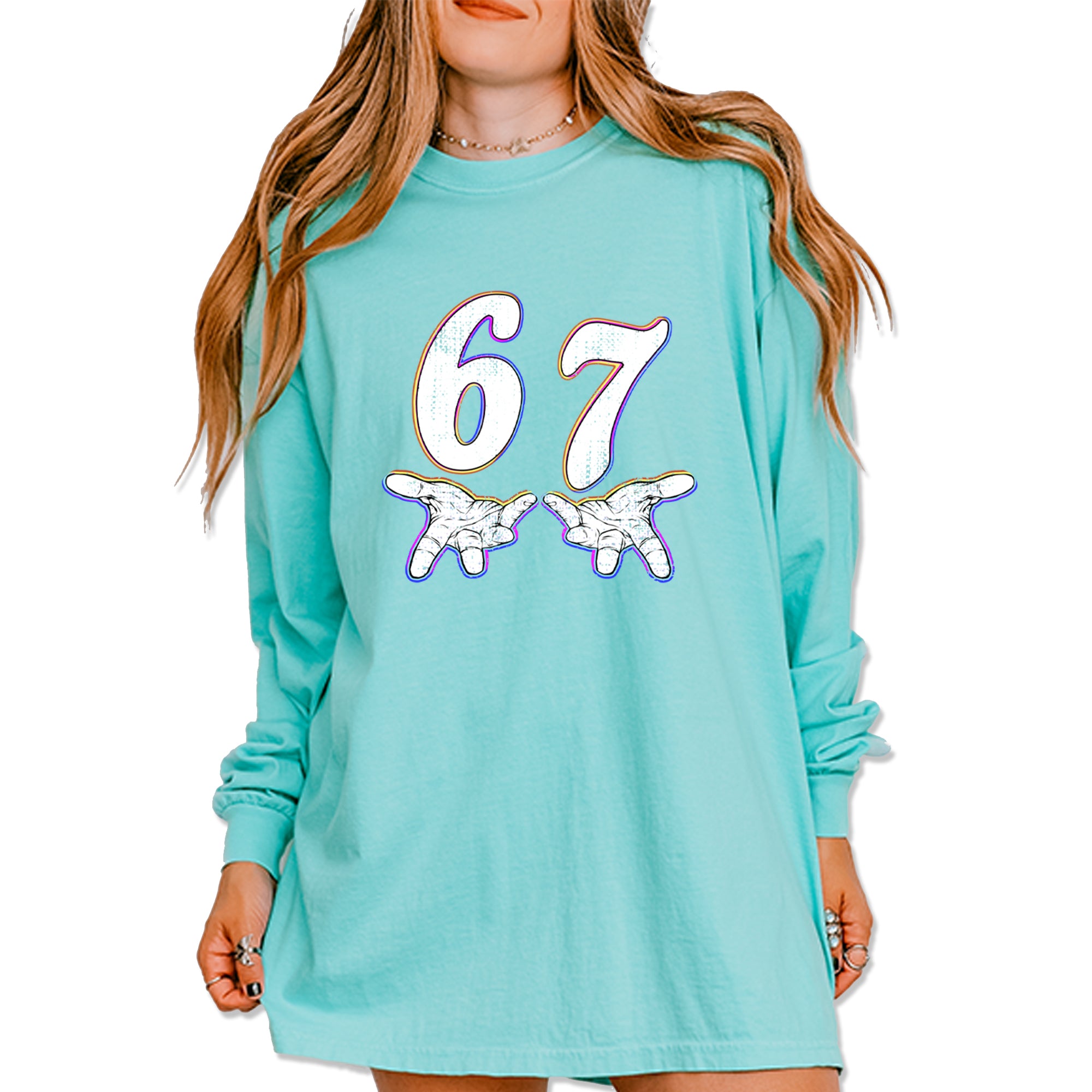 67 Hands Meme Viral Drill Vintage Soft Long-Sleeve T-shirt Chalky Mint