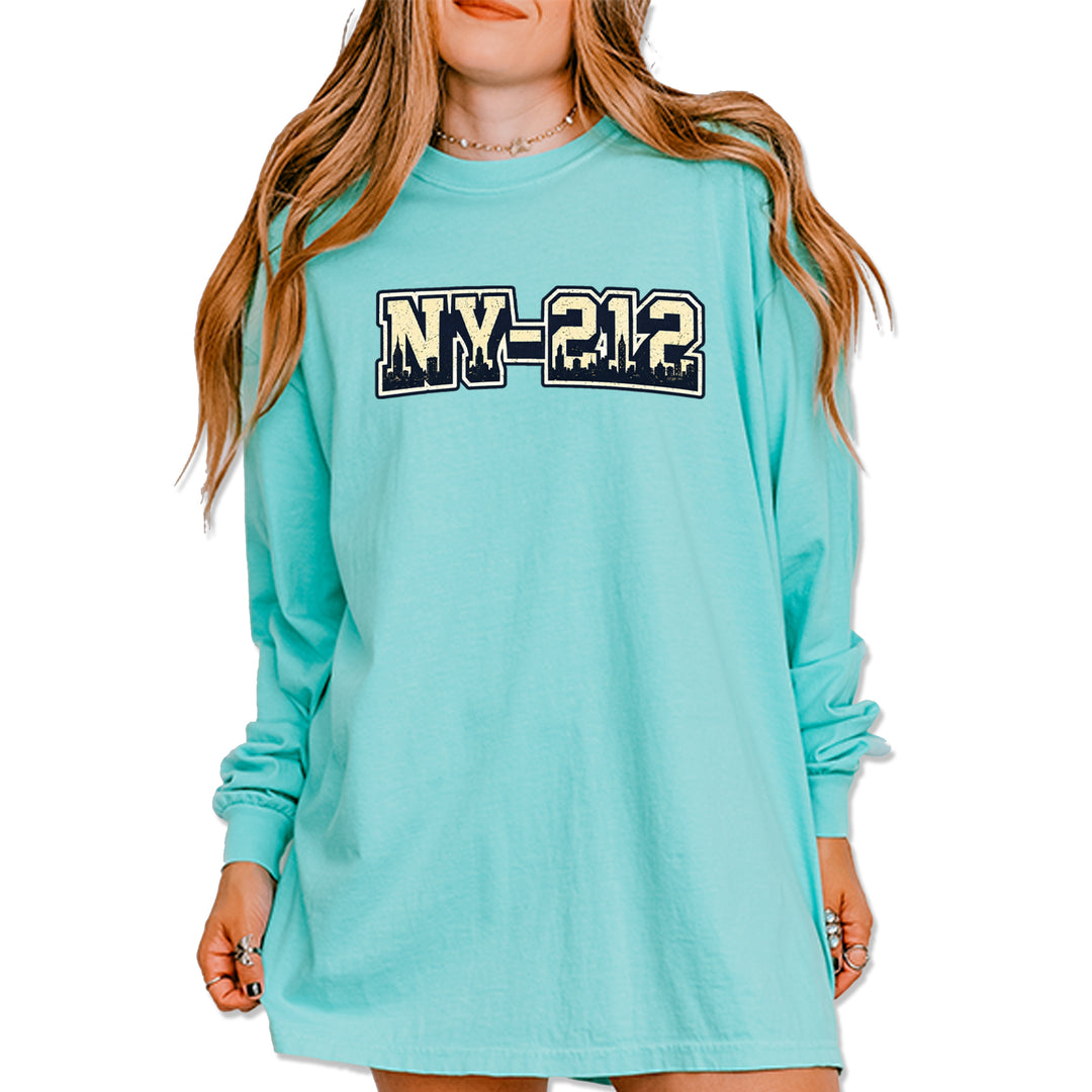 New York City 212 Area Code Skyline  Vintage Soft Long-Sleeve T-shirt Chalky Mint