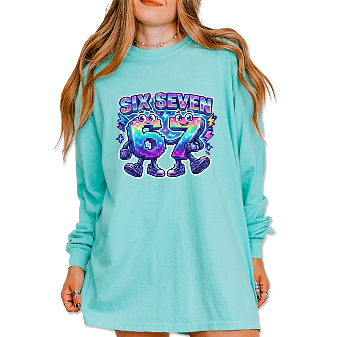 Six Seven 67 Retro Pixel Buddies Vintage Soft Long-Sleeve T-shirt Chalky Mint