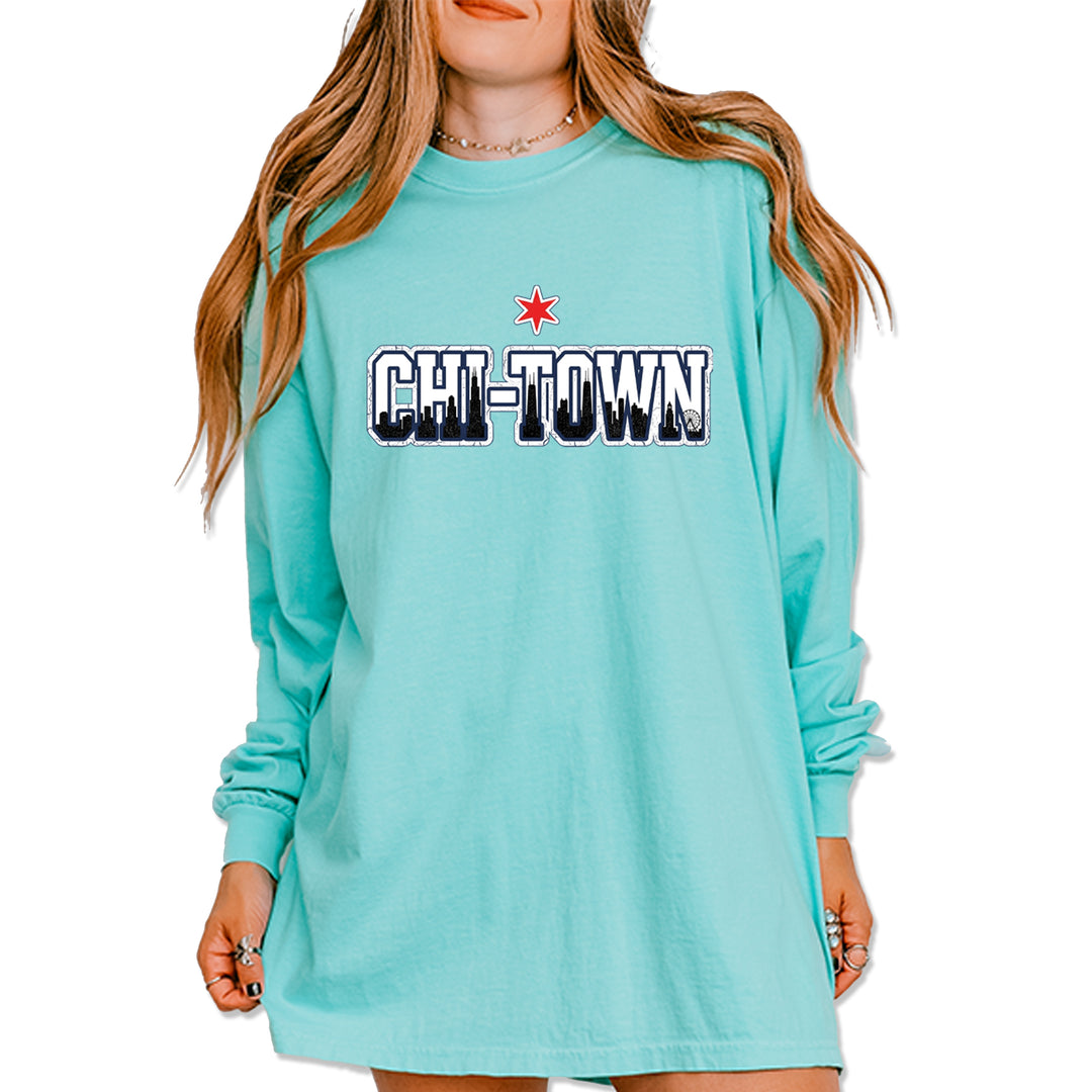 Chicago Chi-Town City Pride Vintage Soft Long-Sleeve T-shirt Chalky Mint