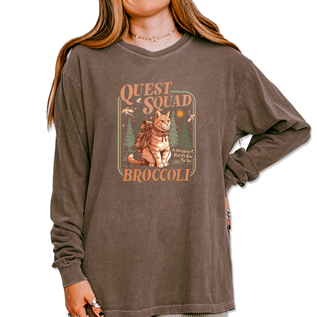 Quest Squad Broccoli Cat Fantasy Reader  Vintage Soft Long-Sleeve T-shirt Espresso