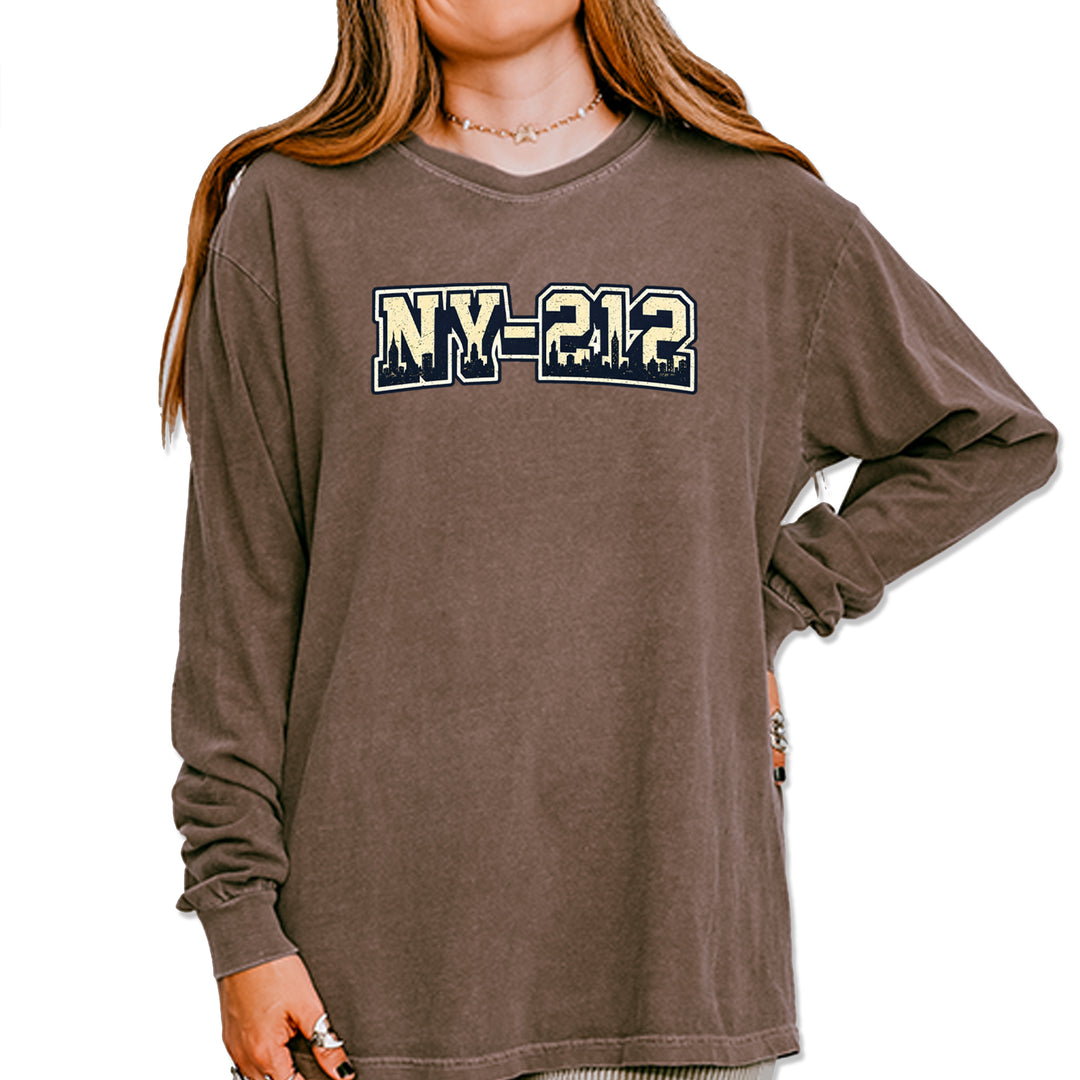 New York City 212 Area Code Skyline  Vintage Soft Long-Sleeve T-shirt Espresso