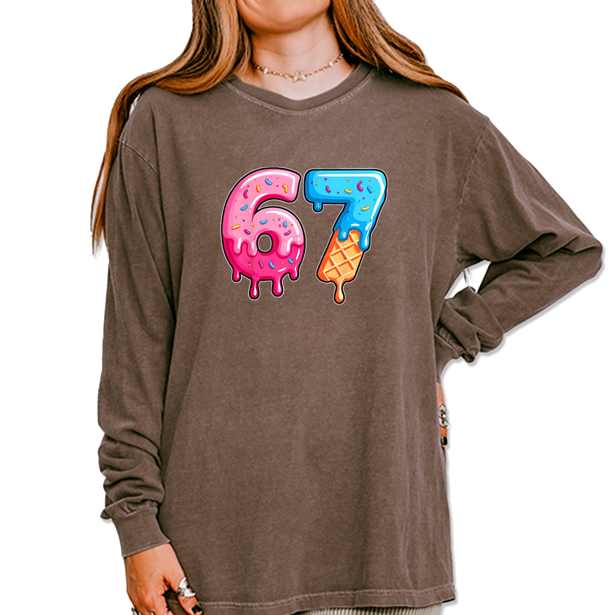 67 Dripping Ice Cream Donut Melt Vintage Soft Long-Sleeve T-shirt Espresso
