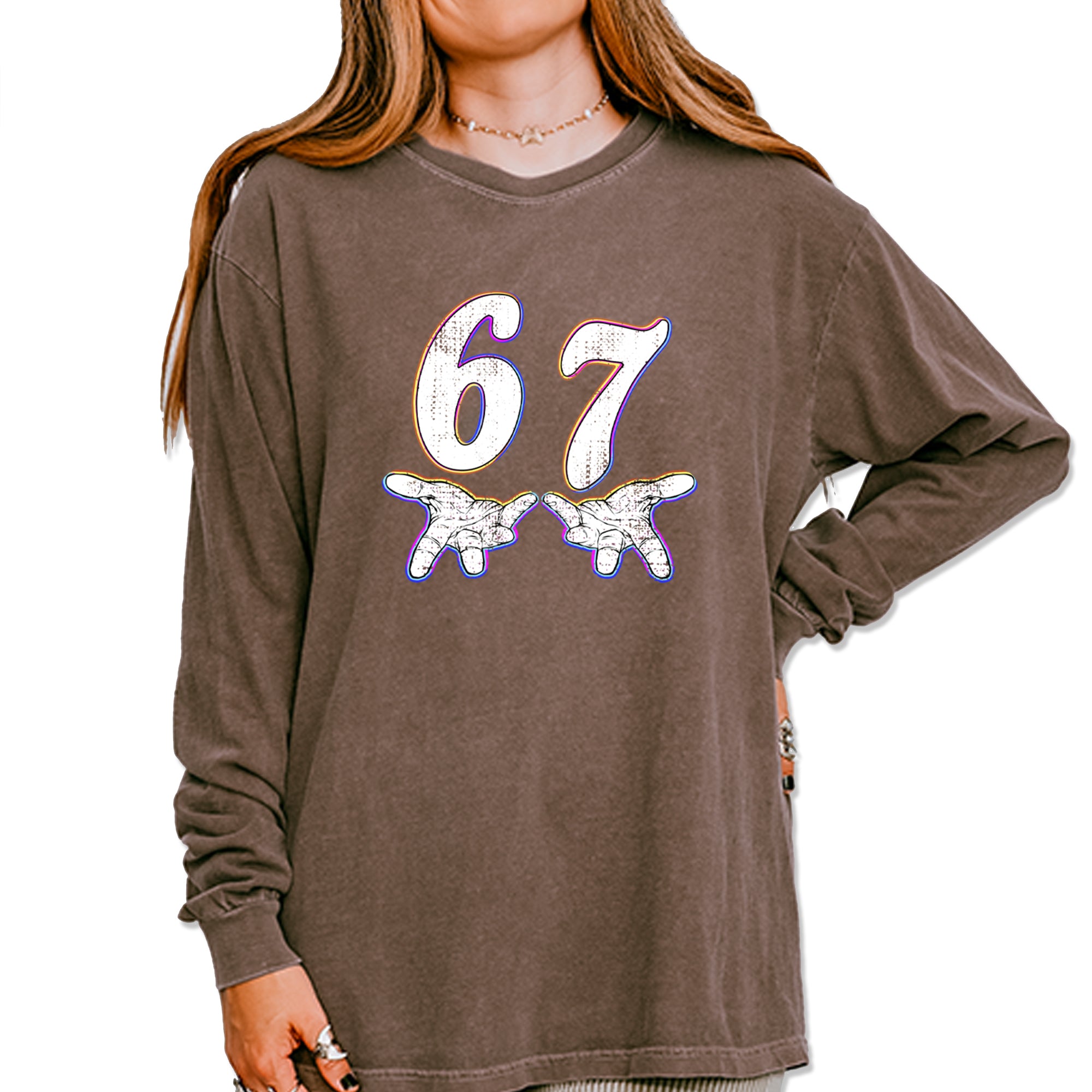 67 Hands Meme Viral Drill Vintage Soft Long-Sleeve T-shirt Espresso