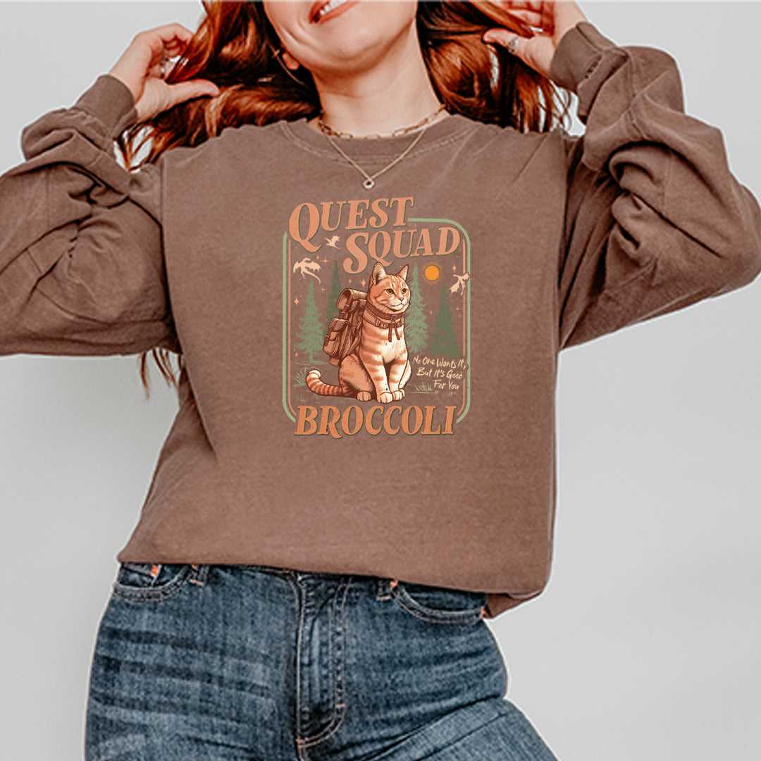 Quest Squad Broccoli Cat Fantasy Reader  Vintage Soft Long-Sleeve T-shirt 