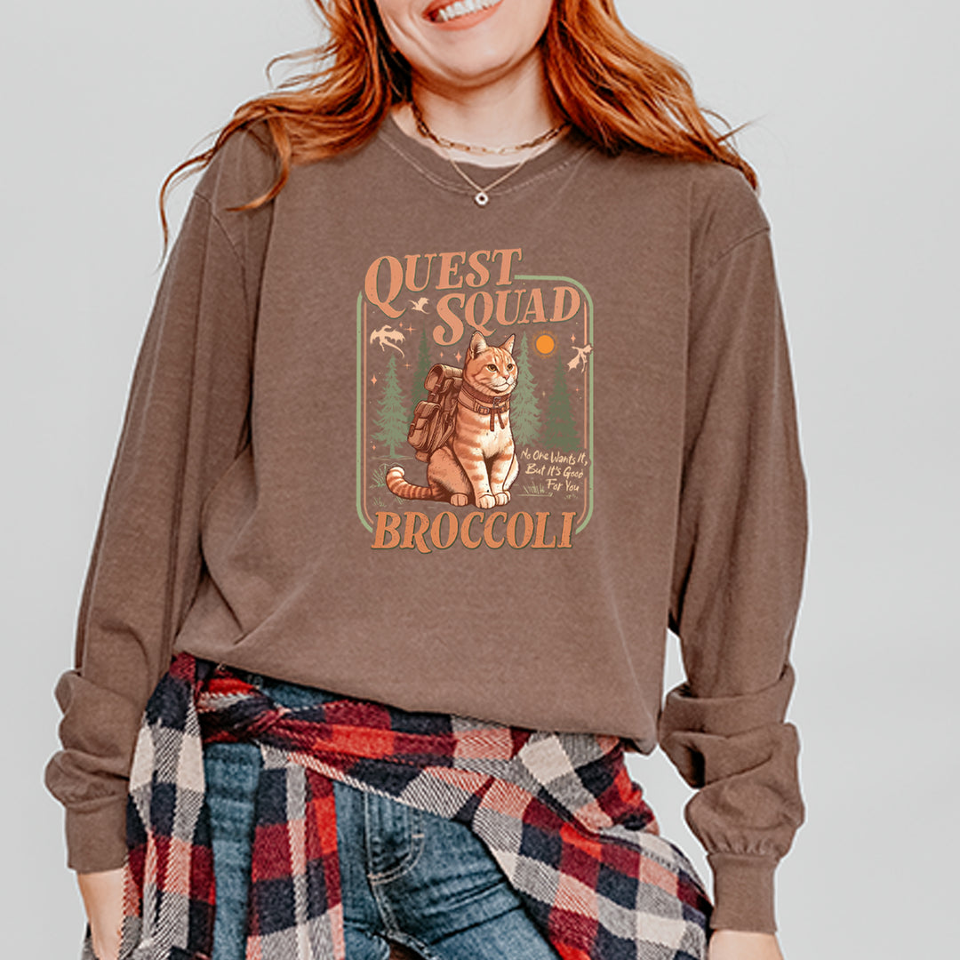 Quest Squad Broccoli Cat Fantasy Reader  Vintage Soft Long-Sleeve T-shirt 