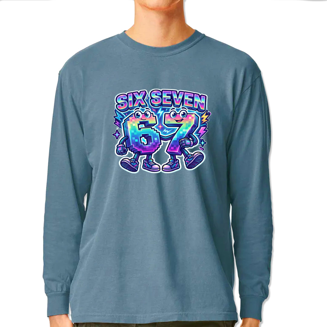 Six Seven 67 Retro Pixel Buddies Vintage Soft Long-Sleeve T-shirt Ice Blue