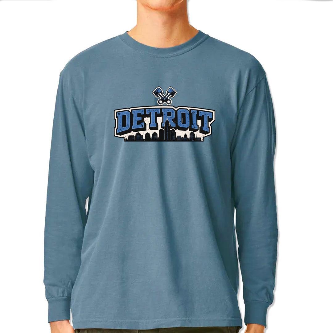 Detroit Motor City Retro Piston Vintage Soft Long-Sleeve T-shirt Ice Blue