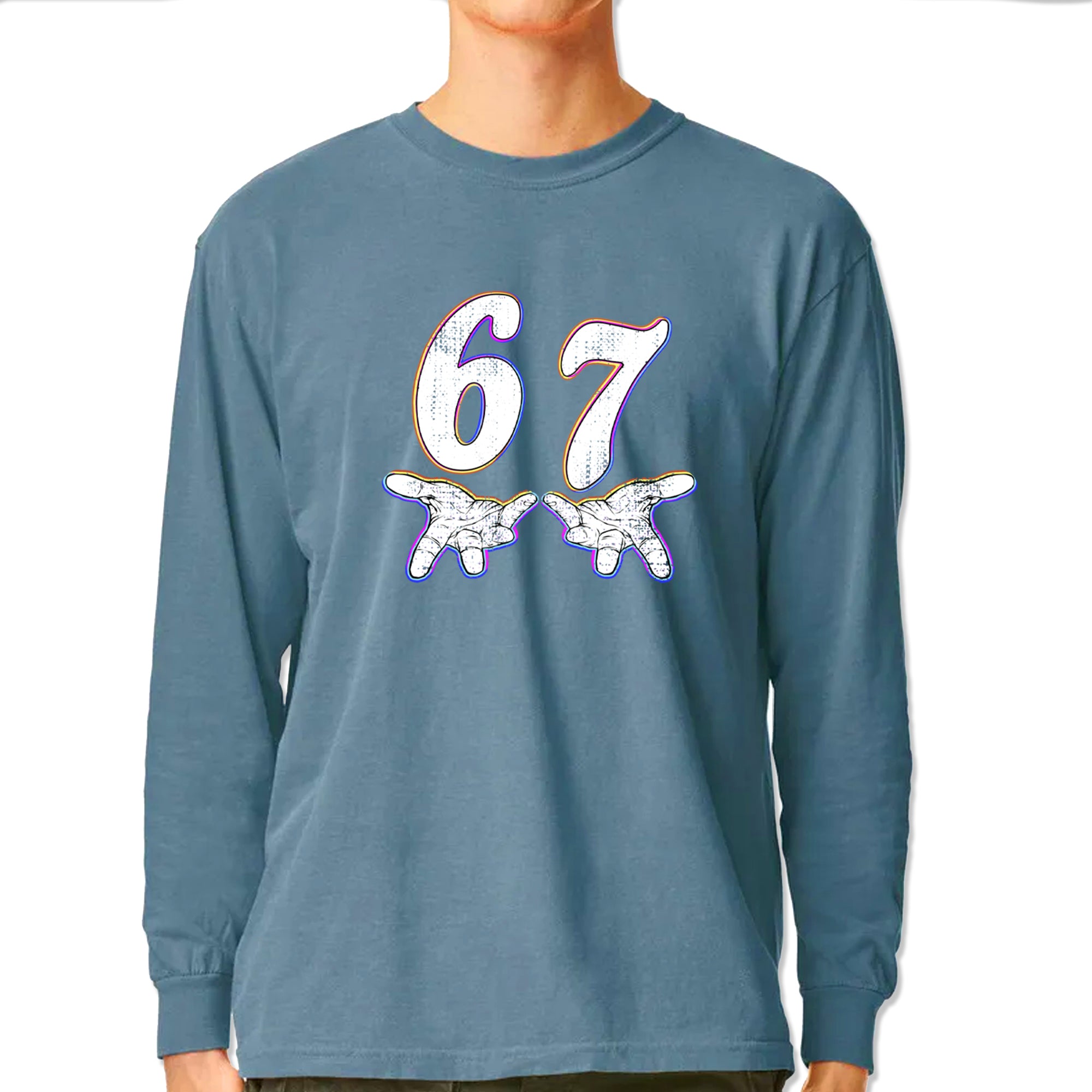 67 Hands Meme Viral Drill Vintage Soft Long-Sleeve T-shirt Ice Blue