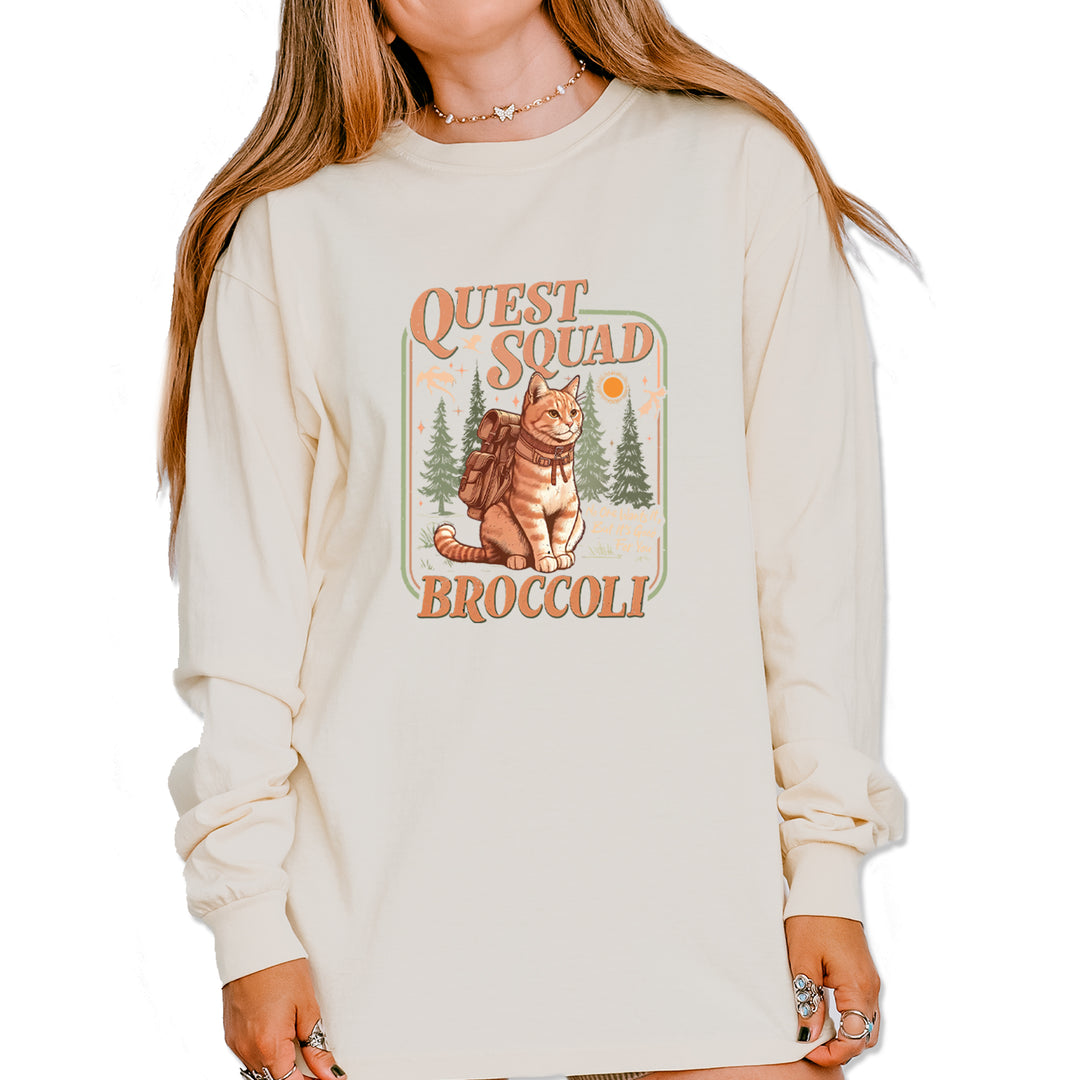 Quest Squad Broccoli Cat Fantasy Reader  Vintage Soft Long-Sleeve T-shirt Ivory