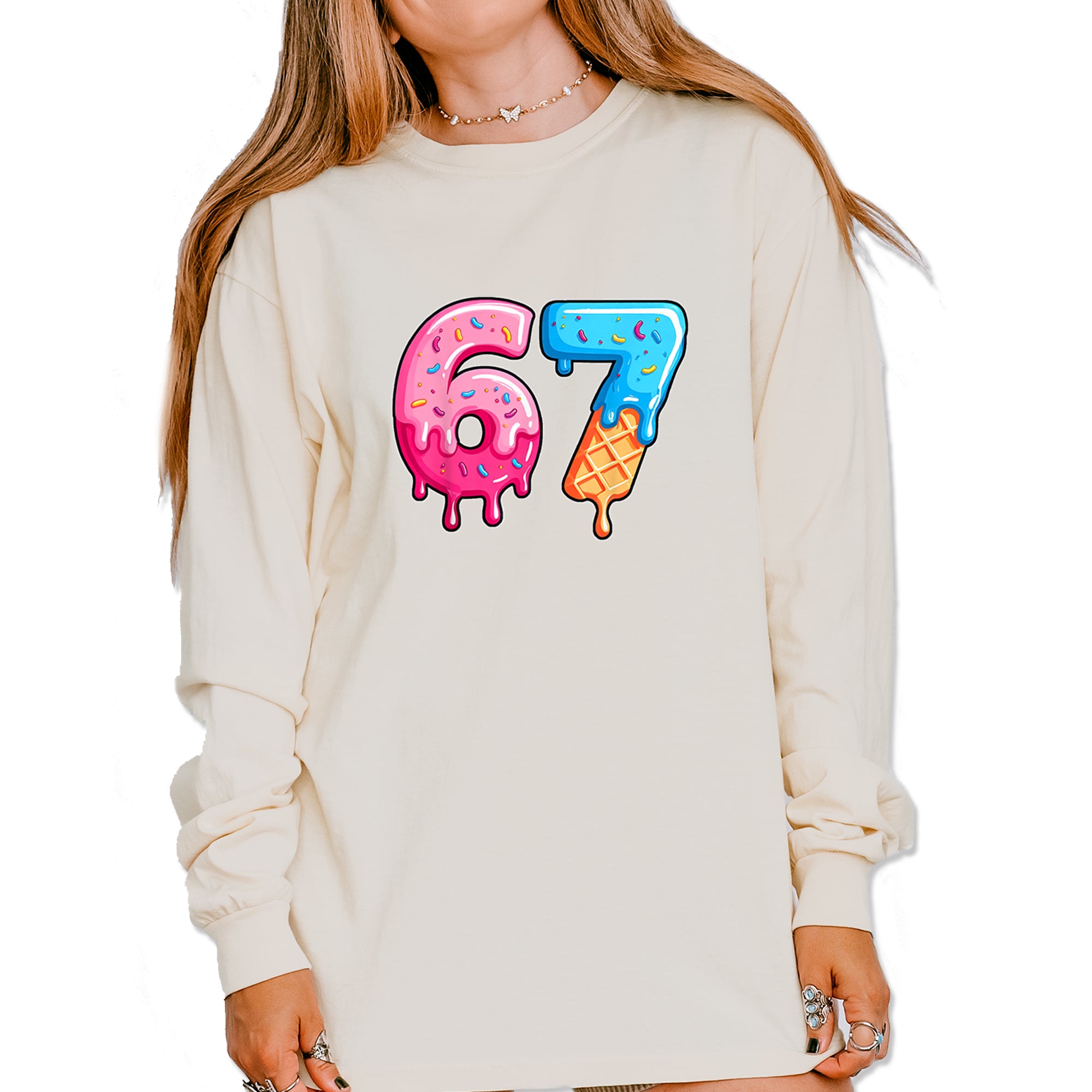 67 Dripping Ice Cream Donut Melt Vintage Soft Long-Sleeve T-shirt Ivory