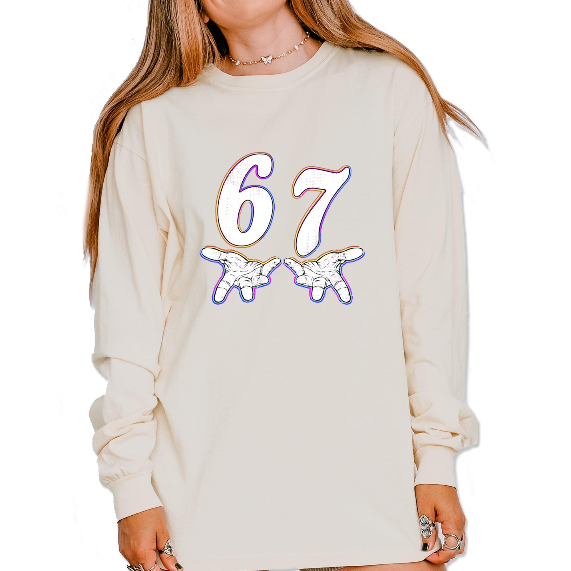 67 Hands Meme Viral Drill Vintage Soft Long-Sleeve T-shirt Ivory