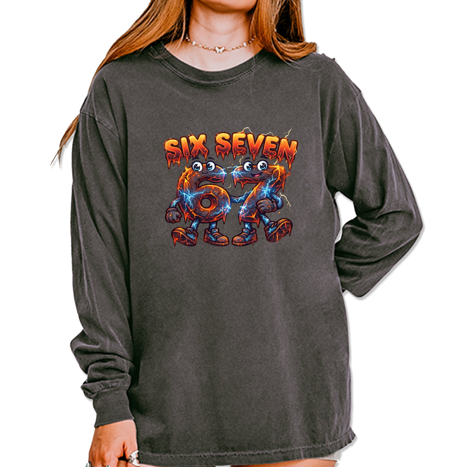 67 Lava Lightning Six Seven Meme Vintage Soft Long-Sleeve T-shirt Pepper