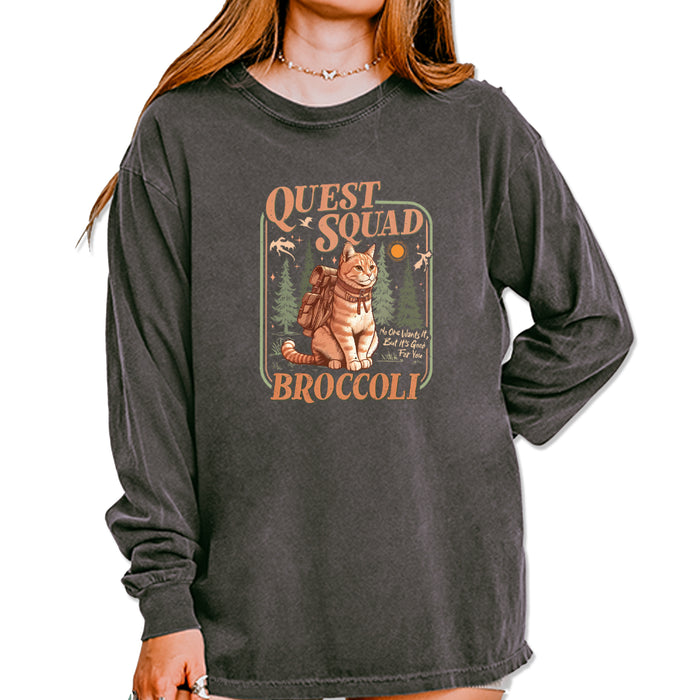 Quest Squad Broccoli Cat Fantasy Reader  Vintage Soft Long-Sleeve T-shirt