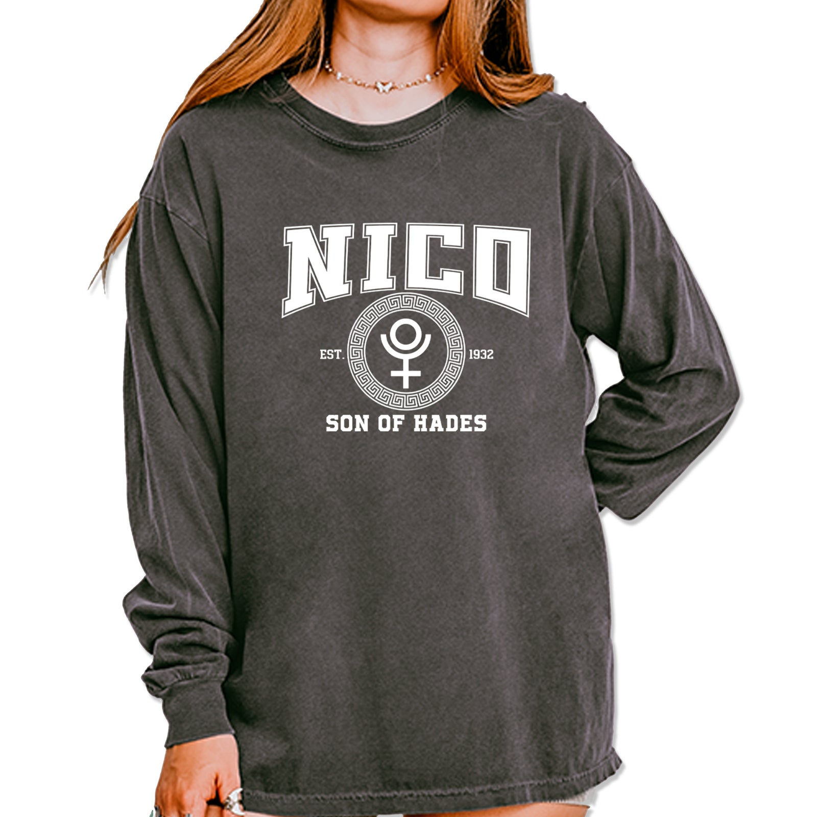 Nico Son of Hades Underworld Crest Vintage Soft Long-Sleeve T-shirt Pepper