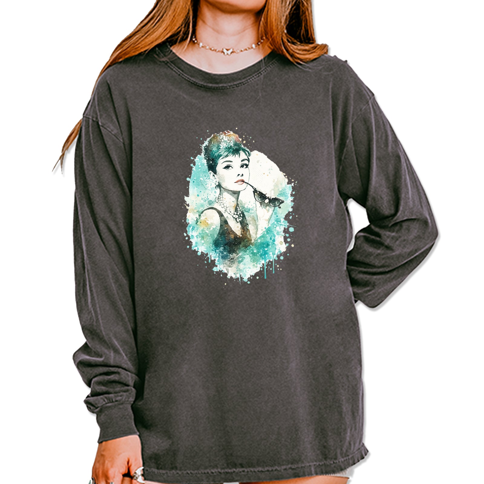 Mrs. Herpburn Iconic Watercolors Vintage Soft Long-Sleeve T-shirt Pepper
