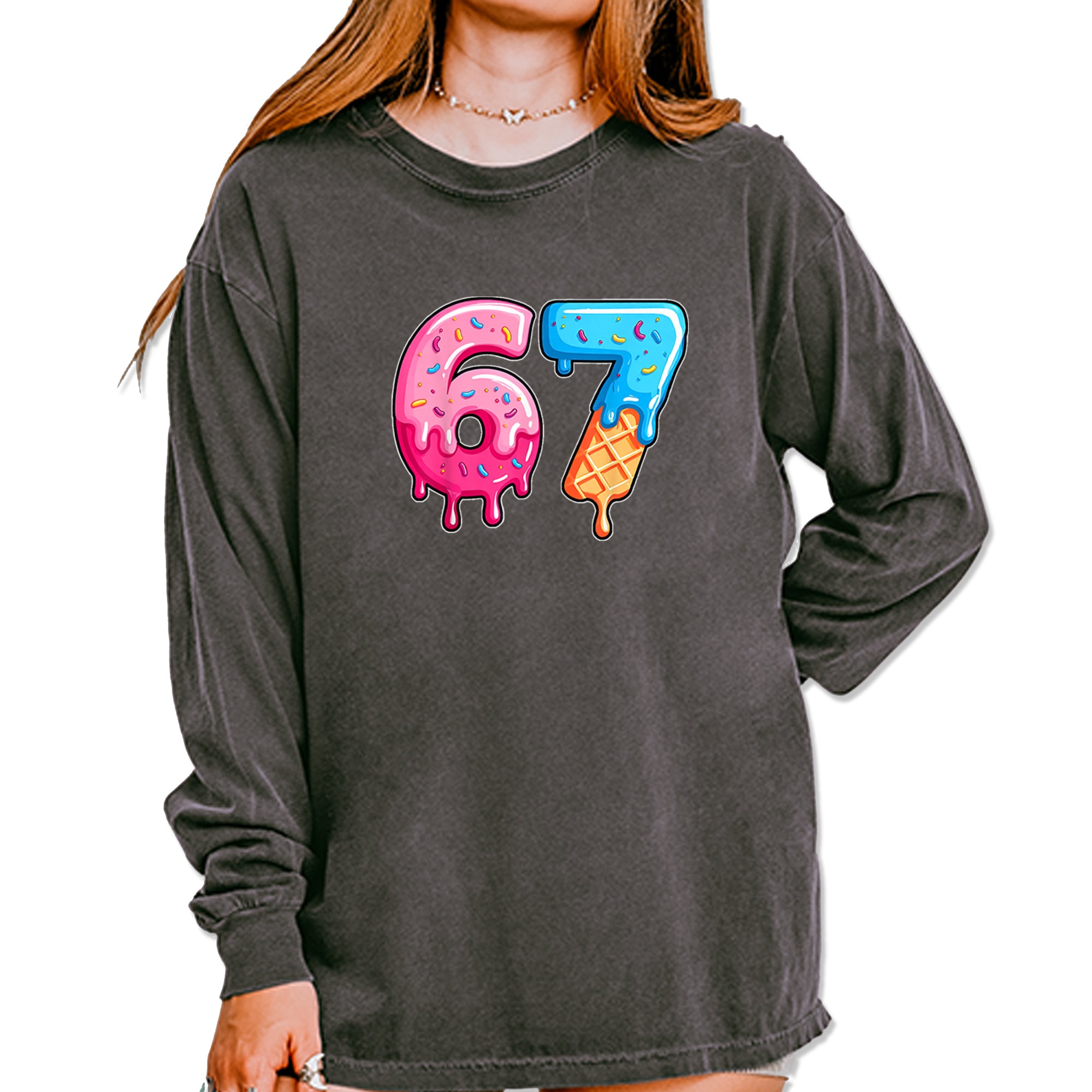 67 Dripping Ice Cream Donut Melt Vintage Soft Long-Sleeve T-shirt Pepper